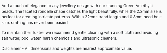 Text describing the product details of the Green Amethyst Faceted Rondelle 2.2mm gemstone beads , as seen on the Australian owned Melbourne Gemstone Beads shop.