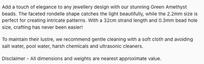 Text describing the product details of the Green Amethyst Faceted Rondelle 2.2mm gemstone beads , as seen on the Australian owned Melbourne Gemstone Beads shop.