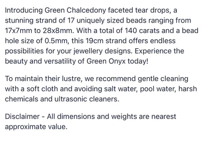 Text describing the product details of the Green Chalcedony natural gemstone beads , as seen on the Australian owned Melbourne Gemstone Beads shop.