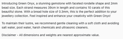 Text describing the product details of the Green onyx natural gemstone beads, as seen on the Australian owned Melbourne Gemstone Beads shop.