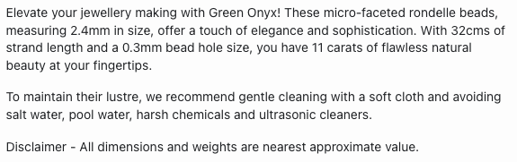 Text describing the product details of the green onyx natural gemstone beads, as seen on the Australian owned Melbourne Gemstone Beads shop.