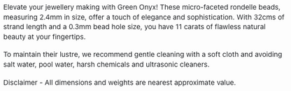Text describing the product details of the green onyx natural gemstone beads, as seen on the Australian owned Melbourne Gemstone Beads shop.
