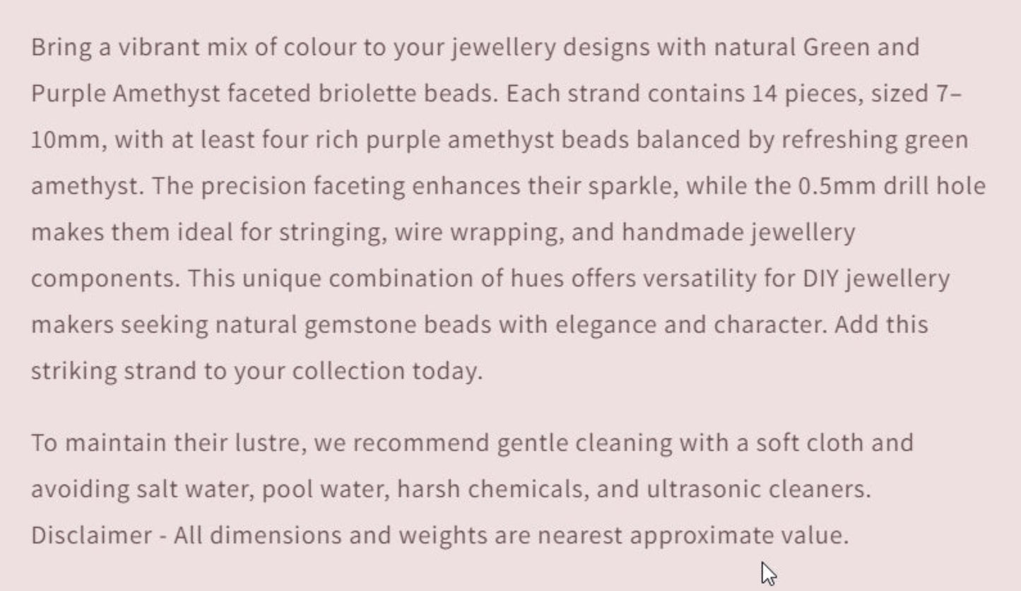 Text describing the product details of the gemstone beads , as seen on the Australian owned and trusted bead supplier, Melbourne Gemstone Beads.