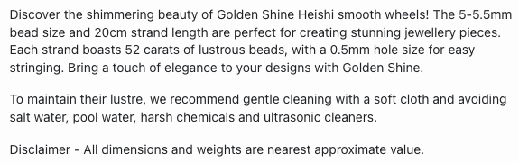 Text describing the product details of the Golden Shine natural gemstone beads, as seen on the Australian owned Melbourne Gemstone Beads shop.
