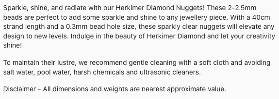 Text describing the product details of the Herkimer Diamond natural gemstone beads, as seen on the Australian owned Melbourne Gemstone Beads shop.