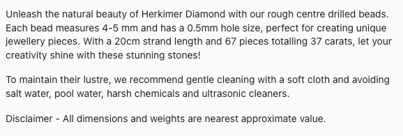 Text providing details of Herkimer Diamond rough centre drilled bead strand, as seen on the Melbourne Gemstone Beads shop