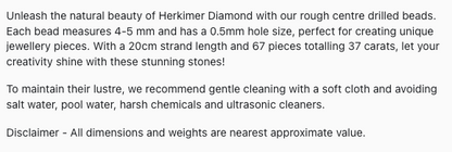 Text providing details of Herkimer Diamond rough centre drilled bead strand, as seen on the Melbourne Gemstone Beads shop