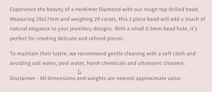 Text description of a Herkimer Diamond bead with dimensions and care instructions.