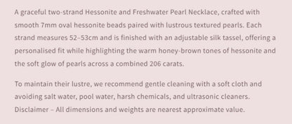 Product description of a Hessonite and Freshwater Pearl Necklace on a light purple background