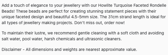 Text describing the product details of the howlite turquoise natural gemstone beads, as seen on the Australian owned Melbourne Gemstone Beads shop.