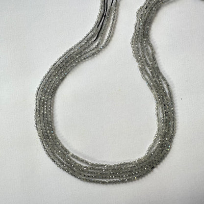 Close-up of Labradorite gemstone beads highlights their expertly cut facets and natural brilliance.
