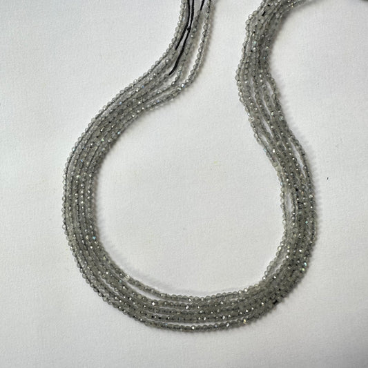 Close-up of Labradorite gemstone beads highlights their expertly cut facets and natural brilliance.