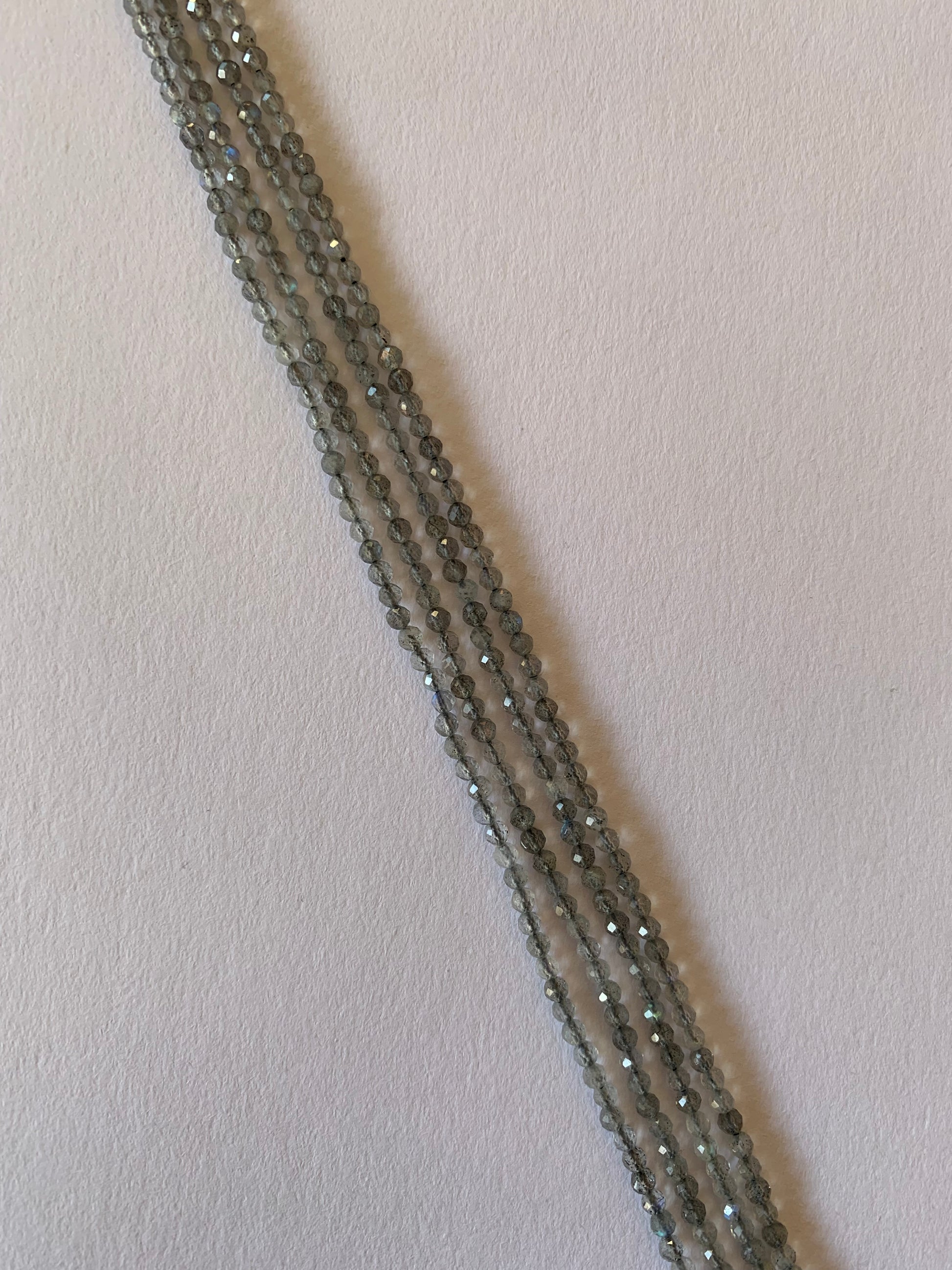 Strands of Faceted Rondelle Labradorite beads, ranging 2.5-2.7mm in size, showcasing their vibrant colour and shine.