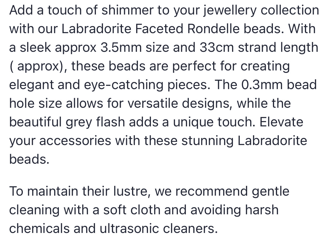 Text describing the product details of the Labrodorite faceted rondelle gemstone semi-precious beads , as seen on the Australian owned Melbourne Gemstone Beads shop.