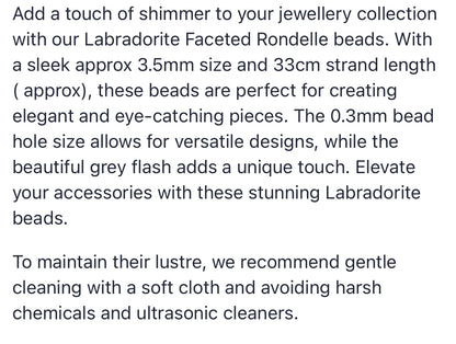Text describing the product details of the Labrodorite faceted rondelle gemstone semi-precious beads , as seen on the Australian owned Melbourne Gemstone Beads shop.