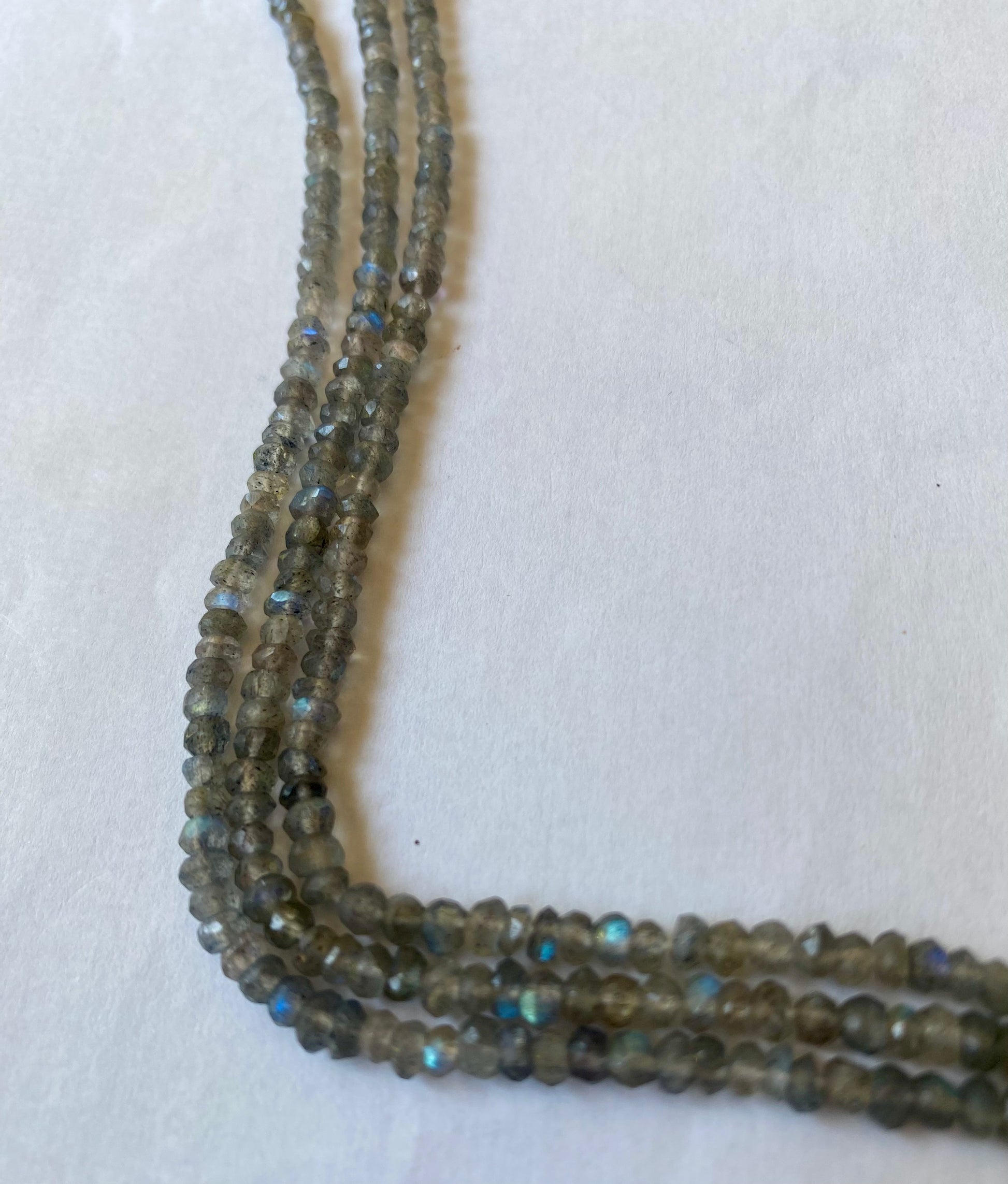 Multi-strands of faceted 3.5mm beads, labradorite showcasing vibrant hues and intricate design.