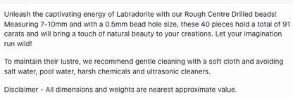 Text  describing the product details of the Centre-drilled Labradorite beads, as seen on the Melbourne Gemstone Beads shop.