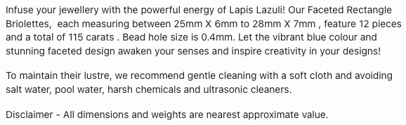 Text describing the product details of the Lapis Lazuli gemstone beads , as seen on the Australian owned Melbourne Gemstone Beads shop.