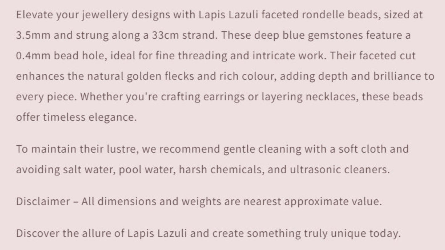 Text description of Lapis Lazuli faceted rondelle beads with product details and care instructions.