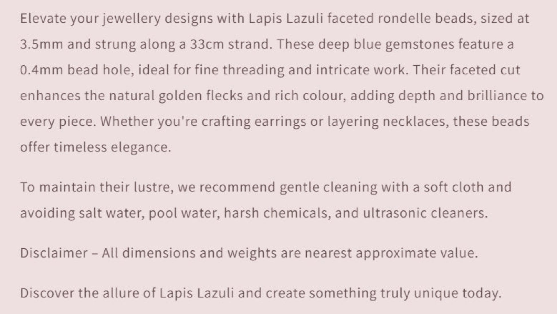 Text description of Lapis Lazuli faceted rondelle beads with product details and care instructions.