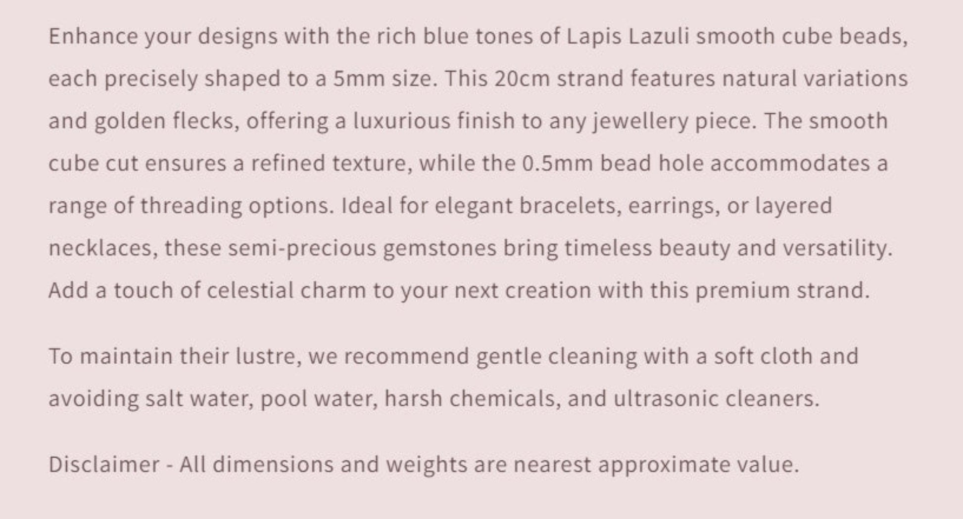 Text description of Lapis Lazuli smooth cube beads on a light pink background