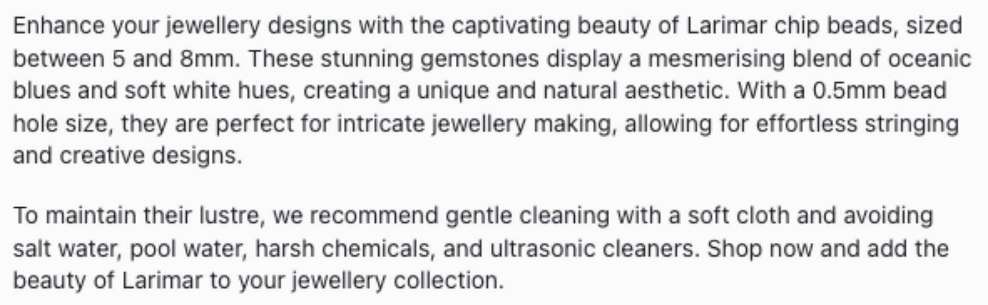 Text describing the product details of the gemstone beads , as seen on the Australian owned Melbourne Gemstone Beads shop.