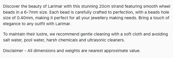 Text describing the product details of the Larimar gemstone beads, as seen on the Australian owned Melbourne Gemstone Beads shop.