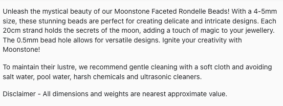 Text describing the product details of the Moonstone Faceted rondelle gemstone bead , as seen on the Australian owned Melbourne Gemstone Beads shop.
