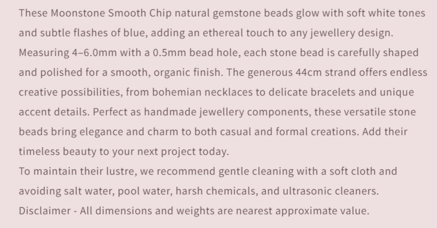 Text description of Moonstone Smooth Chip gemstone beads with product details.
