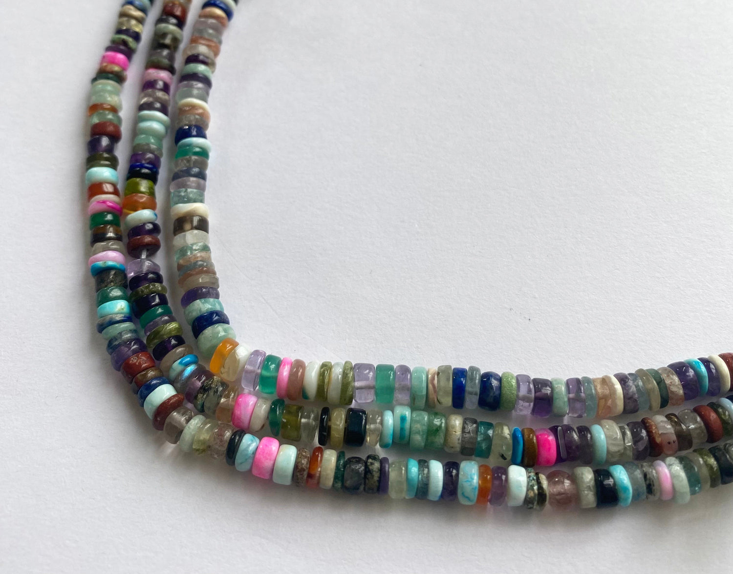 Lustrous Multi Disco Smooth Wheel beads, 5-6mm, elegantly arranged on a 21cm strand.