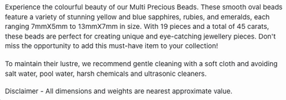 Text describing the product details of the multi precious gemstone beads, ruby, blue sapphire, yellow sapphire, and emerald, as seen on the Australian owned Melbourne Gemstone Beads shop.