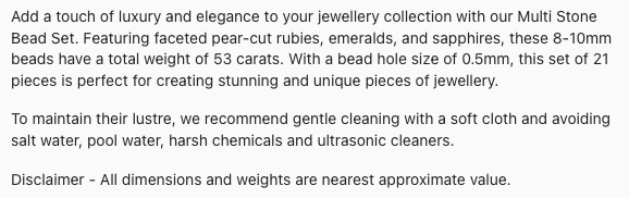 Text describing the product details of the multi precious natural gemstone beads, ruby, blue sapphire, and emerald, as seen on the Australian owned Melbourne Gemstone Beads shop.