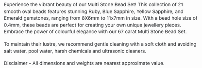 Text describing the product details of the multi precious natural gemstone beads, ruby, blue sapphire, yellow sapphire, and emerald, as seen on the Australian owned Melbourne Gemstone Beads shop.