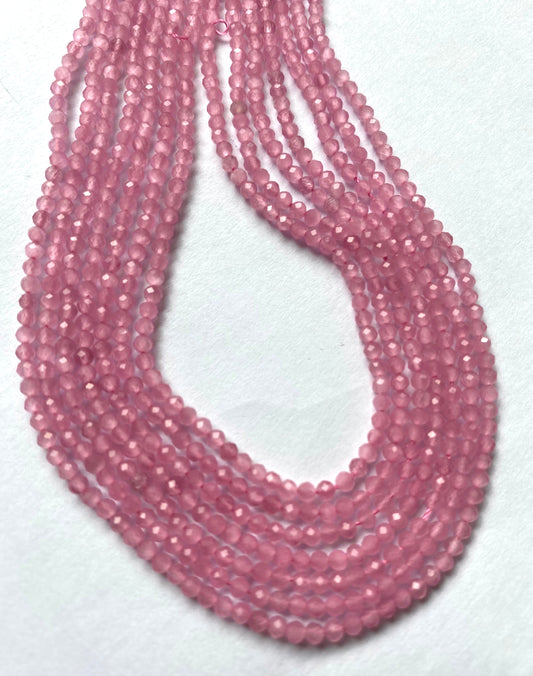 Beautiful strands of faceted pink quartz beads, 2.5mm in size, radiating a fresh and lively appearance.  