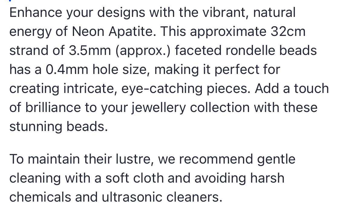 Text describing the product details of the Neon Apatite gemstone semi-precious beads , as seen on the Australian owned Melbourne Gemstone Beads shop.