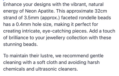 Text describing the product details of the Neon Apatite gemstone semi-precious beads , as seen on the Australian owned Melbourne Gemstone Beads shop.