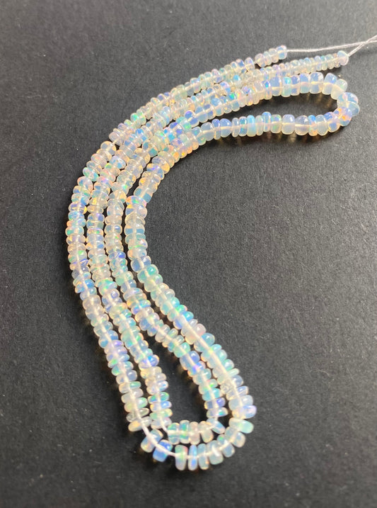 Beautiful strands of  Smooth Rondelle Opal beads, measuring 3.3-4.5mm,radiating a fresh and lively appearance.