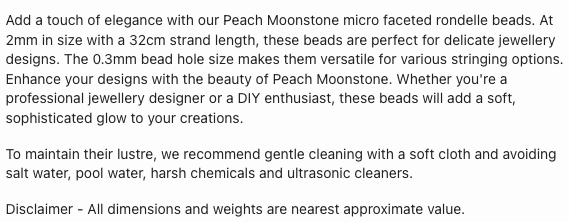 Text describing the product details of the 2mm  micro Faceted peach moonstone 2mm natural gemstone bead , as seen on the Australian owned Melbourne Gemstone Beads shop.