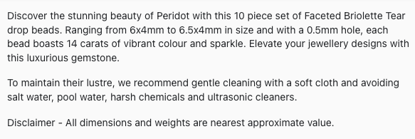 Text describing the product details of the Peridot  Faceted briolette 3.7mm-to-4.4mm gemstone beads , as seen on the Australian owned Melbourne Gemstone Beads shop.