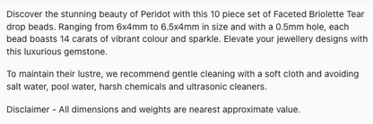 Text describing the product details of the Peridot  Faceted briolette 3.7mm-to-4.4mm gemstone beads , as seen on the Australian owned Melbourne Gemstone Beads shop.