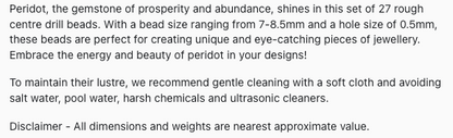 Text describing the product details of the  peridot natural gemstone beads, as seen on the Australian owned Melbourne Gemstone Beads shop.