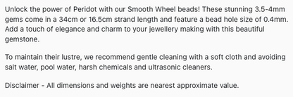 Text describing the product details of the Peridot natural gemstone beads, as seen on the Australian owned Melbourne Gemstone Beads shop.