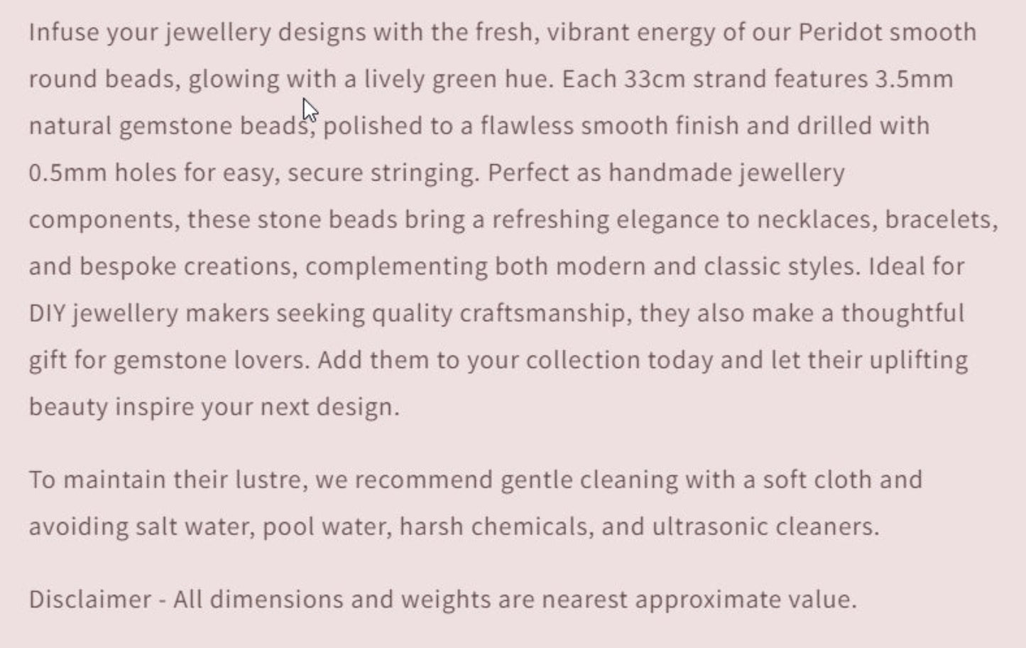 Text describing the product details of the gemstones, as seen on the Australian owned and trusted bead supplier, Melbourne Gemstone Beads.