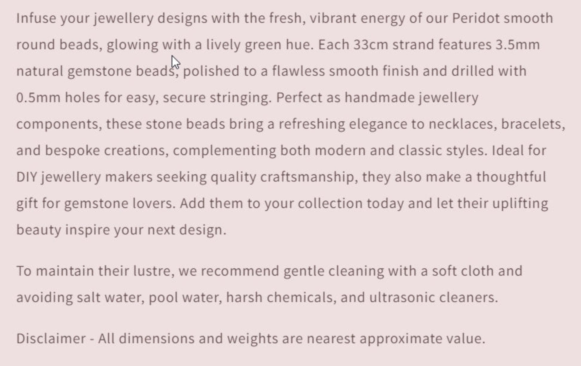 Text describing the product details of the gemstones, as seen on the Australian owned and trusted bead supplier, Melbourne Gemstone Beads.