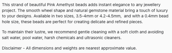 Text describing the product details of the Amethyst Pink Smooth wheel natural gemstone beads , as seen on the Australian owned Melbourne Gemstone Beads shop.