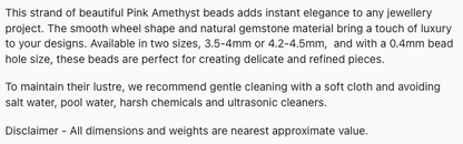 Text describing the product details of the Amethyst Pink Smooth wheel natural gemstone beads , as seen on the Australian owned Melbourne Gemstone Beads shop.