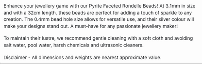 Text describing the product details of the 3.1mm Pyrite natural gemstone bead , as seen on the Australian owned Melbourne Gemstone Beads shop.