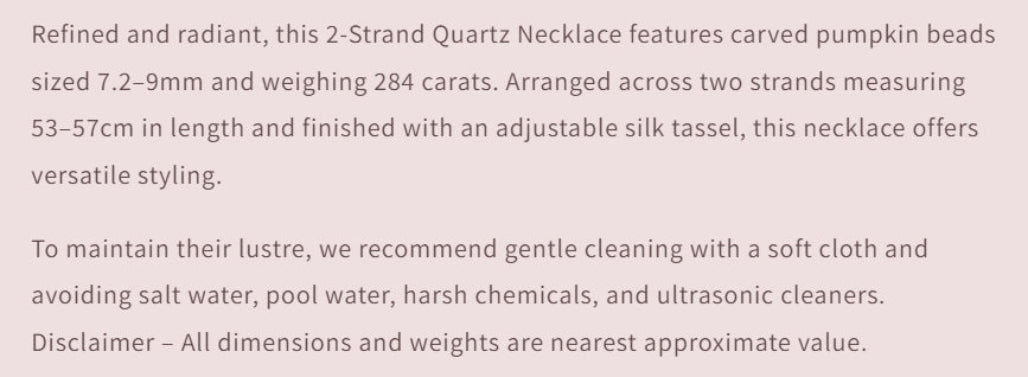 Product description of a 2-Strand Quartz Necklace with details on beads, strands, and care instructions.