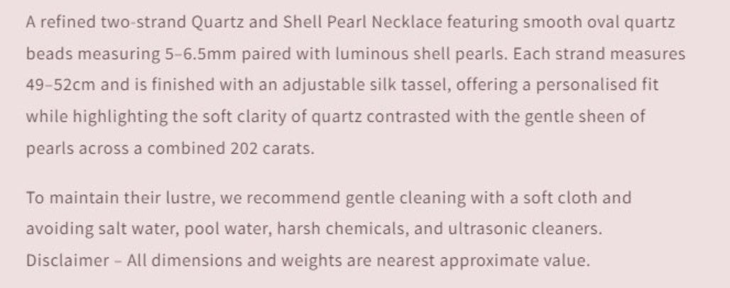 Product description of a refined two-strand Quartz and Shell Pearl Necklace with details on beads, shell pearls, and tassel.