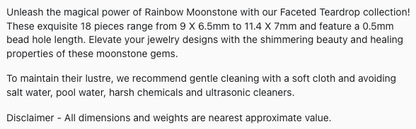 Text describing the product details of the Rainbow Moonstone Faceted Teardrop 9 X 6.5mm  to 11.4 X 7mm gemstone beads , as seen on the Australian owned Melbourne Gemstone Beads shop.